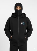 Nuvic Shield-Up Zipper Hoodie for Men | 400 GSM Premium Cotton Blend | Built-in Face Cover | Full Sleeve Winter Jacket (Black) - Image 2