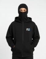 Nuvic Shield-Up Zipper Hoodie for Men | 400 GSM Premium Cotton Blend | Built-in Face Cover | Full Sleeve Winter Jacket (Black) - Image 2