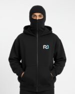 Nuvic Shield-Up Zipper Hoodie for Men | 400 GSM Premium Cotton Blend | Built-in Face Cover | Full Sleeve Winter Jacket (Black) - Image 3